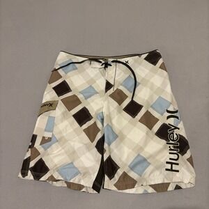 Hurley Mens Boardshorts Size 36 Brown Blue Plaid Geometric Swim Trunks Beach